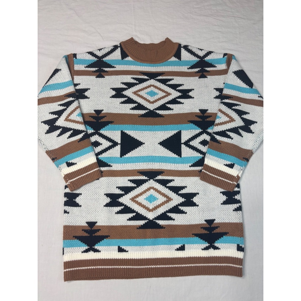 Sunshine & Rodeos Southwestern Geometric Knit Sweater Turquoise Brown Mens M